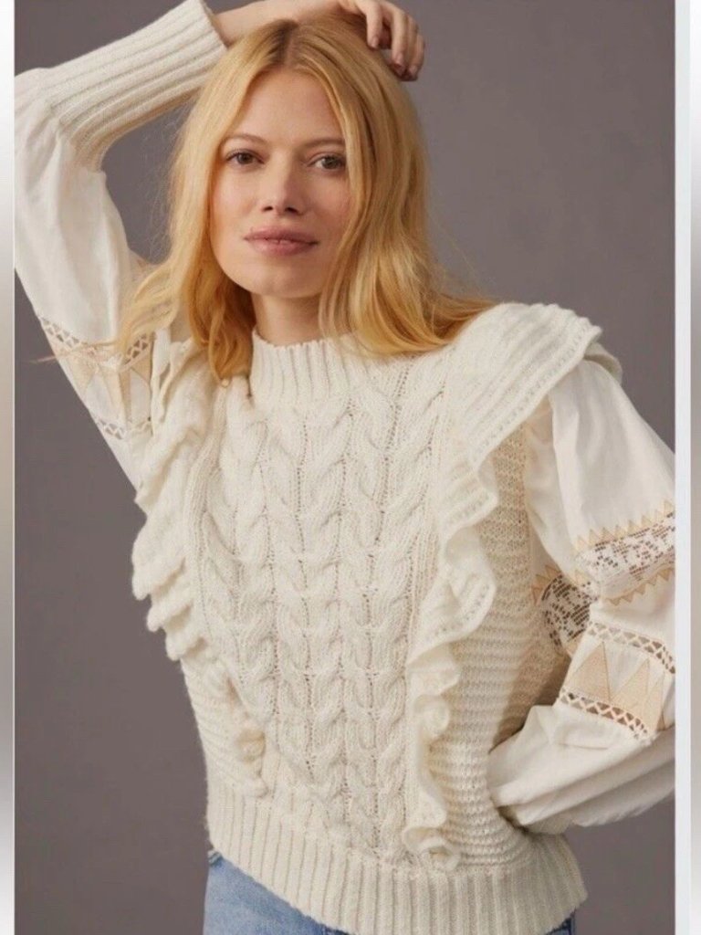 Rachel Parcell Cream Ruffled Romantic Sweater